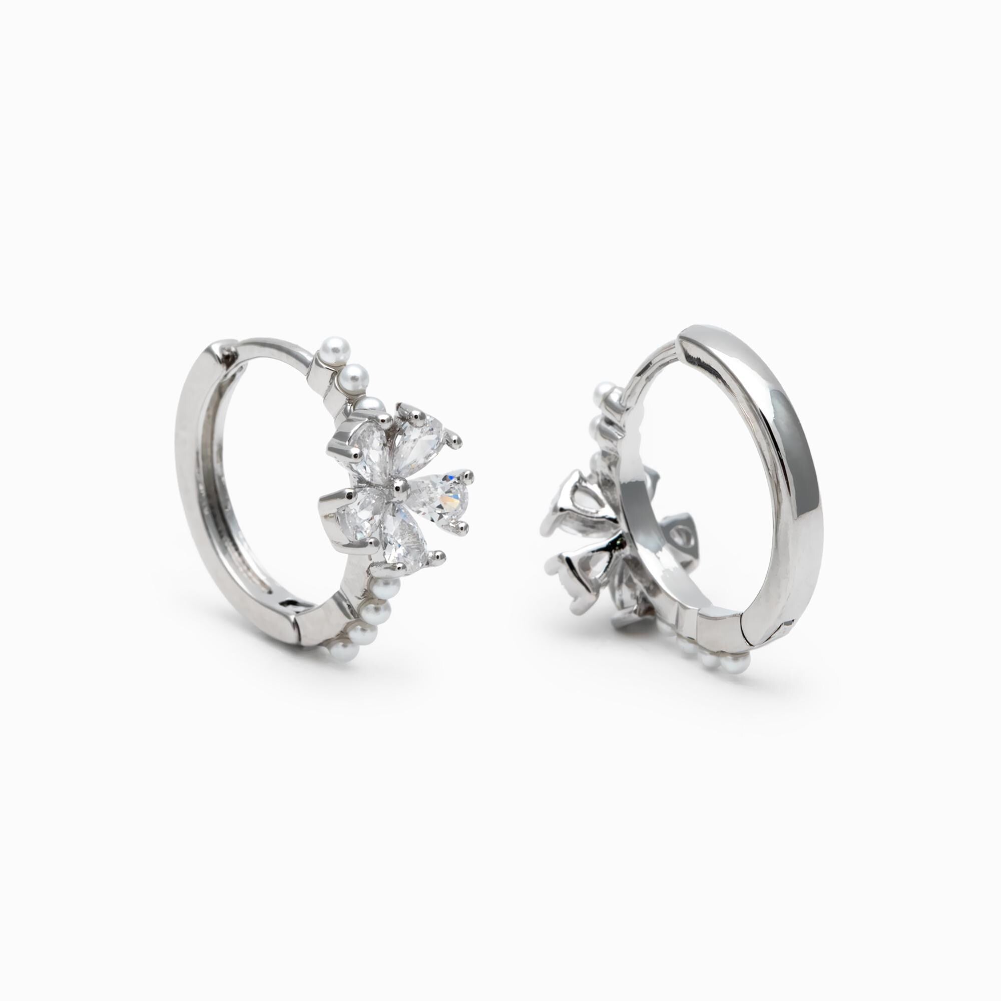 4pcs CZ Pave Gold/ Silver Flower Hoop Earrings, Faux Pearl Earrings, Dainty Huggie Earrings, Minimalist Earrings (GB-4739)
